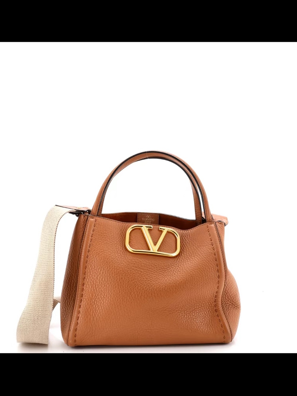Valentino Garavani Brown Leather VLogo Top Handle Shoulder Bag with Cream Strap
